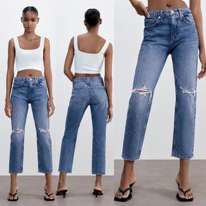 NEW Zara Slim Fit High Rise Ripped Ankle Jeans 6